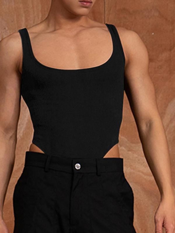 Men's Slim Plain Scoop Neck Open Crotch Design Bodysuit, Casual Sleeveless Ribbed Bodysuit for Summer, Fashion Men's Streetwear Clothes for Daily Wear