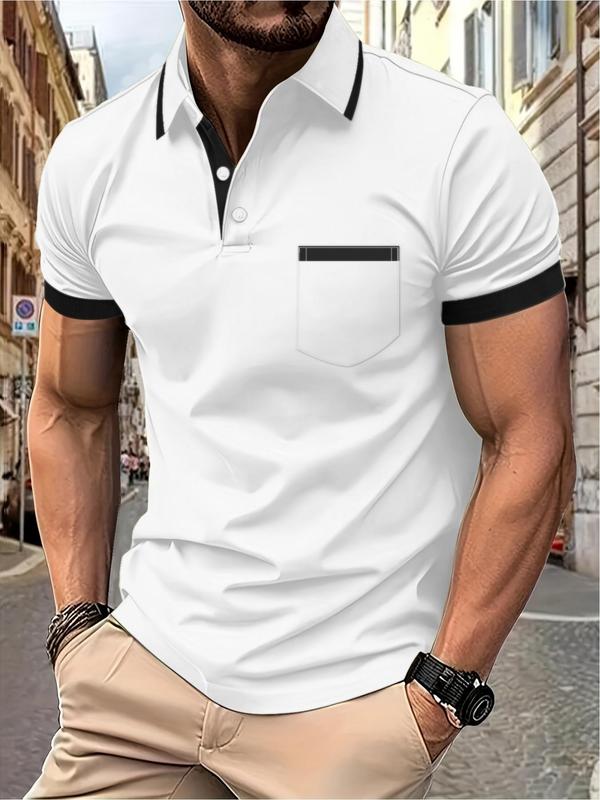 Men's Colorblock Short Sleeve Polo Shirt, Regular Fit Casual Buttons Collared Top for Summer, Fashion Men's Clothes for Daily Wear