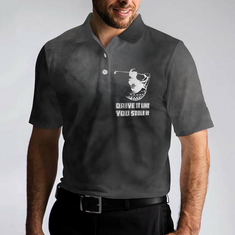 Swing Thoughts Short Sleeve Golf Polo Shirt, Black And Smoke Golfing Shirt, Funny Golf Shirt For Men