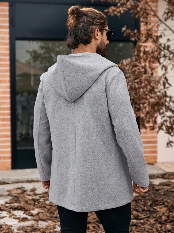 Men's Solid Double Button Pocket Hooded Woolen Coat, Regular Fit Casual Long Sleeve  Outerwear for Fall & Winter, Men's Clothes for Daily Wear