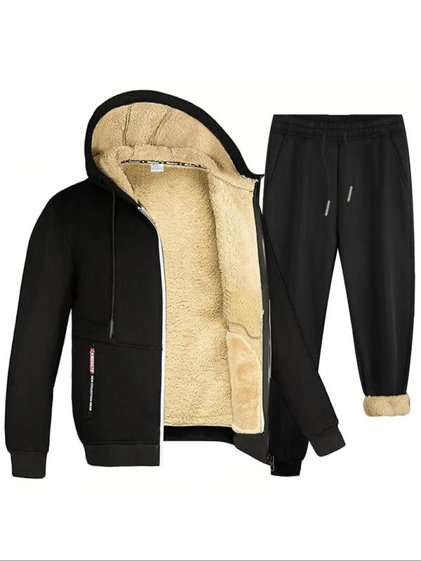 Men's Solid Zip Up Hooded Jacket & Drawstring Waist Pants Thermal Lined Two-piece Set, Casual Regular Fit Long Sleeve Hooded Outerwear & Pocket Trousers for Fall & Winter, Men's Clothes for Daily Wear