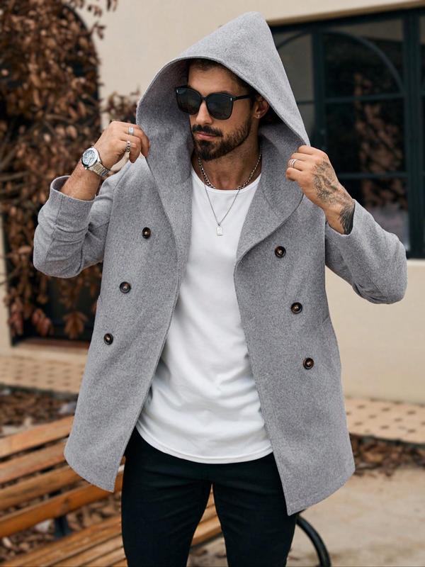 Men's Solid Double Button Pocket Hooded Woolen Coat, Regular Fit Casual Long Sleeve  Outerwear for Fall & Winter, Men's Clothes for Daily Wear