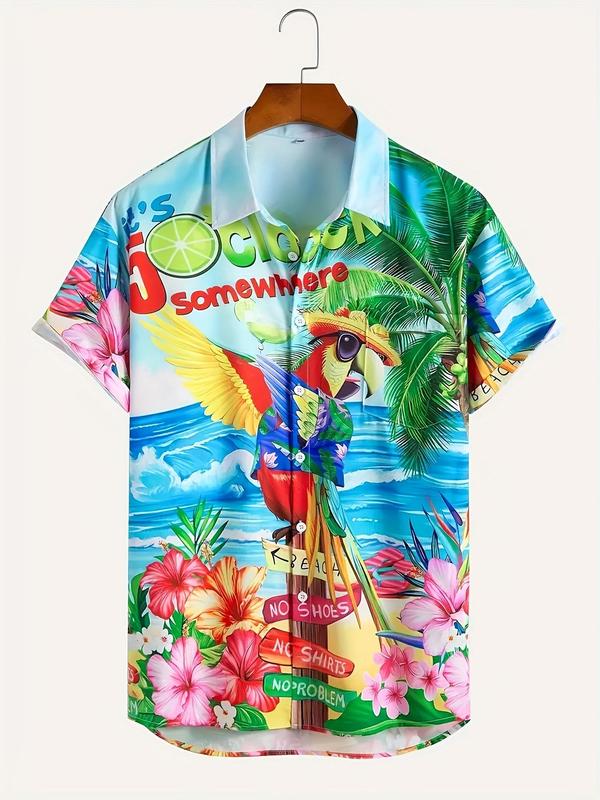 Men's Regular Fit Tropical & Bird Print Short Sleeve Graphic Shirt, Casual Button Front Pocket Collared Top for Beach Vacation, Fashion Men's Clothes for All Seasons