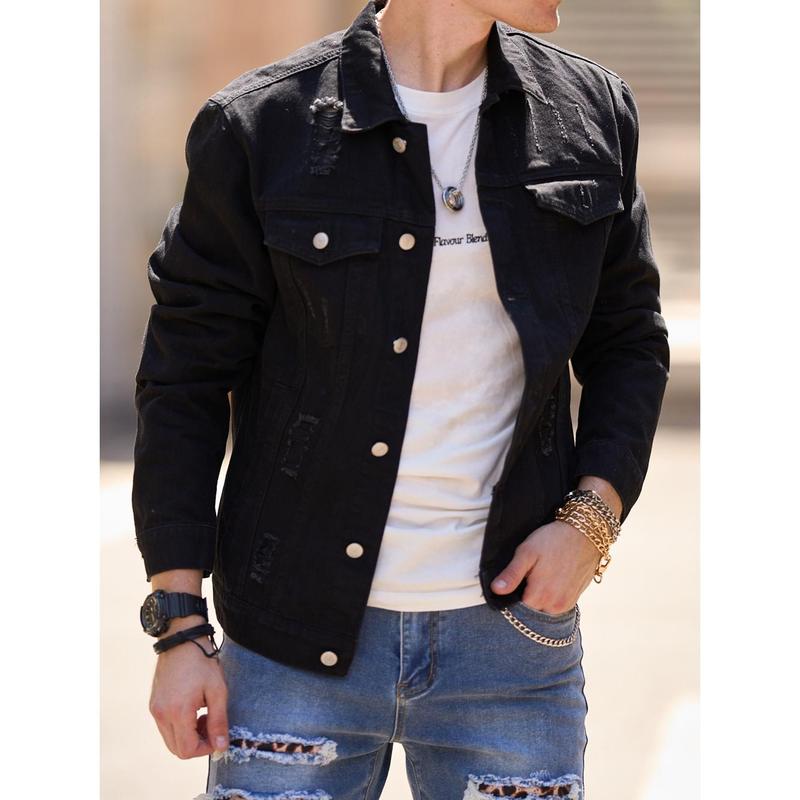 Men's Denim Jacket Streetwear Solid Slim Ripped Distressed  Male Casual Coat Menswear Tops  Long Sleeve Beige Plain  Collared Collar Longsleeves