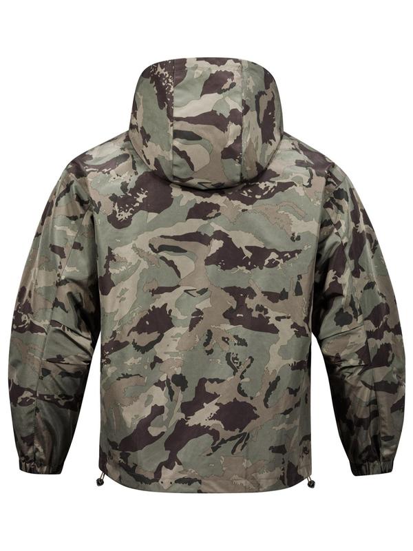 Men's Camo Print Zip Up Drawstring Hooded Jacket, Men's Tactical Jacket Clothing, Airport Outfits 2024, Regular Fit Casual Waterproof Long Sleeve Pocket Outerwear, Men's Fall & Winter Clothes