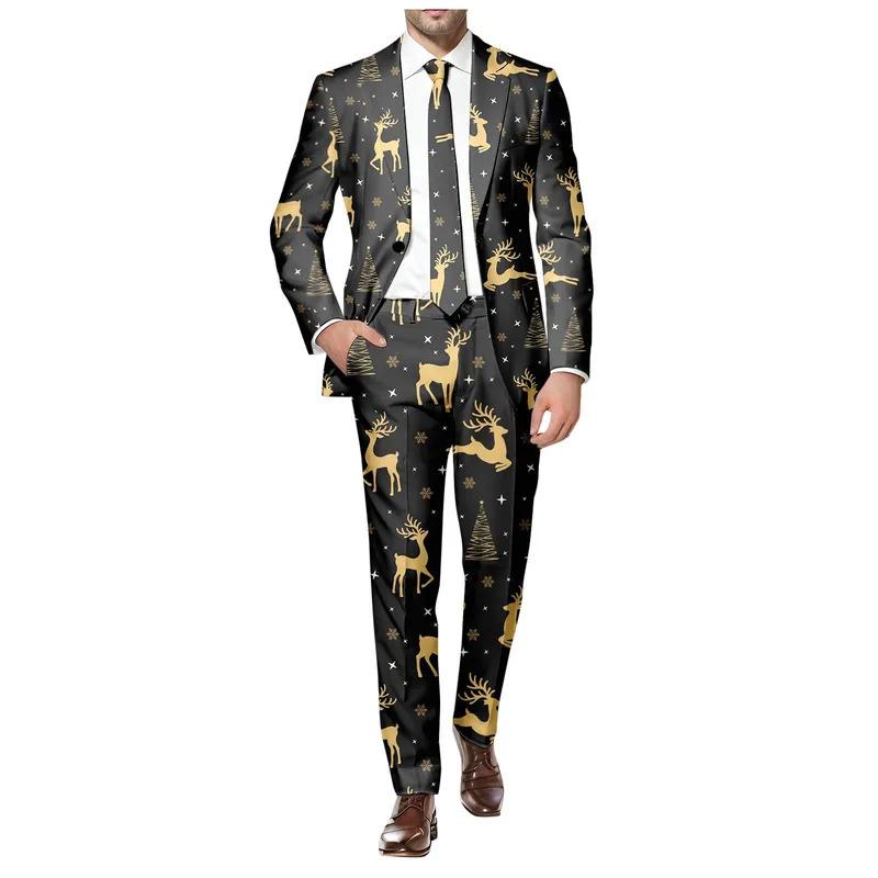 Blazer Men's Christmas 2 Piece Suit Set Snowflake Print Suit Jacket And Pants Set Slim Fit Xmas Party Wear Formal Suit For Men