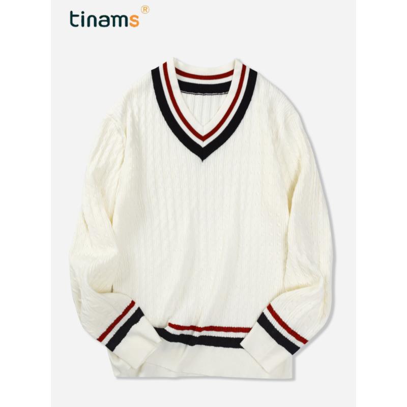 Men's Knitted V-Neck Pullover Sweater - Casual Warm Fall Winter Varsity Style