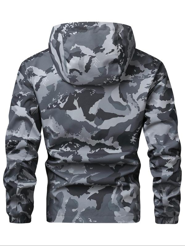 Men's Camo Print Zip Up Drawstring Hooded Jacket, Men's Tactical Jacket Clothing, Airport Outfits 2024, Regular Fit Casual Waterproof Long Sleeve Pocket Outerwear, Men's Fall & Winter Clothes