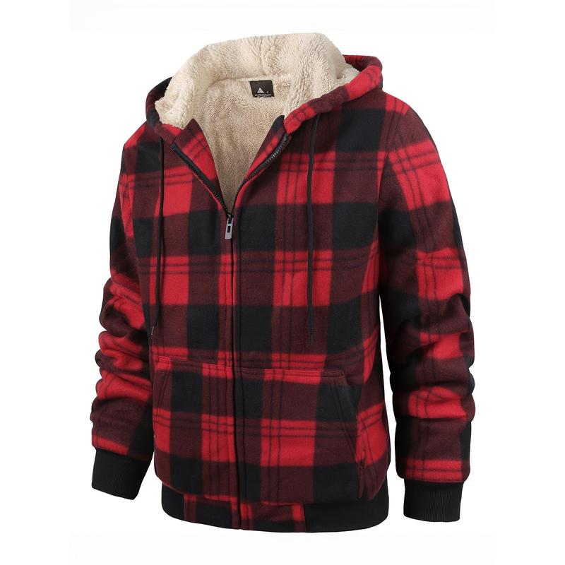 winter coats for menCozy Plaid Fleece Hooded Jacket for Men - Warm, Thick, and Soft Outwear for Fall and Winter - Perfect for Casual Outdoor Activities