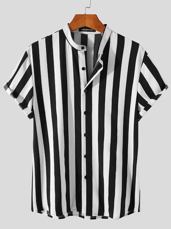 Men's Striped Print Button Front Shirt, Casual Regular Fit Short Sleeve Mock Neck Top for Summer, Menswear for Daily Wear