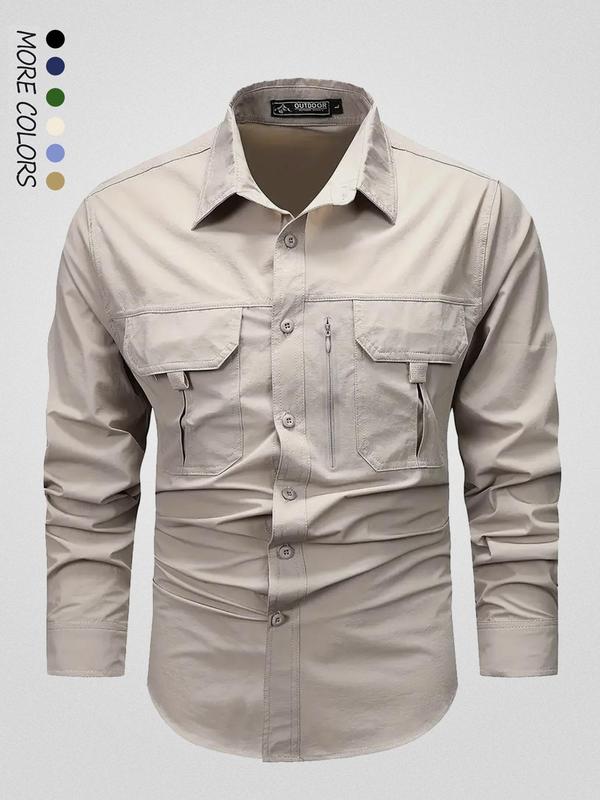 Men's Solid Pocket Button Front Shirt, Regular Fit Casual Long Sleeve Collared Top for Fall & Winter, Men's Clothes for Outdoor Work,  Designer Shirt for Men