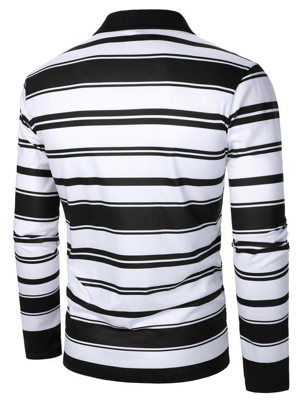 Men's Striped Print Polo Shirt, Regular Fit Casual Long Sleeve Button Front Top for Fall & Winter, Men's Clothes for Daily Wear