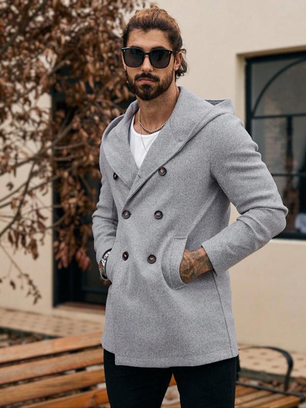 Men's Solid Double Button Pocket Hooded Woolen Coat, Regular Fit Casual Long Sleeve  Outerwear for Fall & Winter, Men's Clothes for Daily Wear