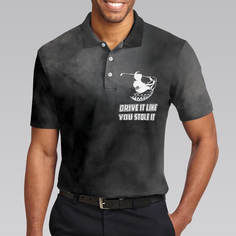 Swing Thoughts Short Sleeve Golf Polo Shirt, Black And Smoke Golfing Shirt, Funny Golf Shirt For Men