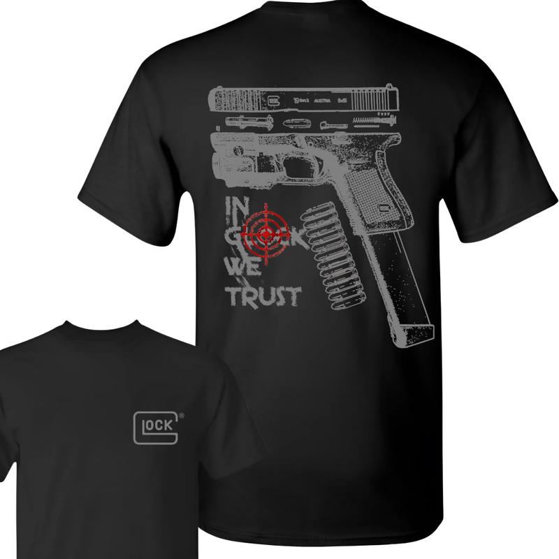 In Glock We Trust Standard size Black T-shirt with Multicolor Design for Men and Women - Classic Fit - Menswear