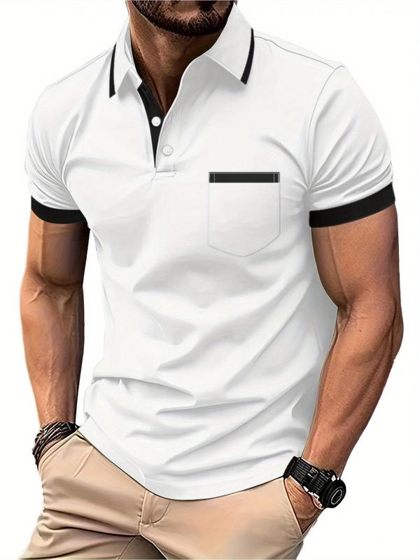 Men's Colorblock Short Sleeve Polo Shirt, Regular Fit Casual Buttons Collared Top for Summer, Fashion Men's Clothes for Daily Wear