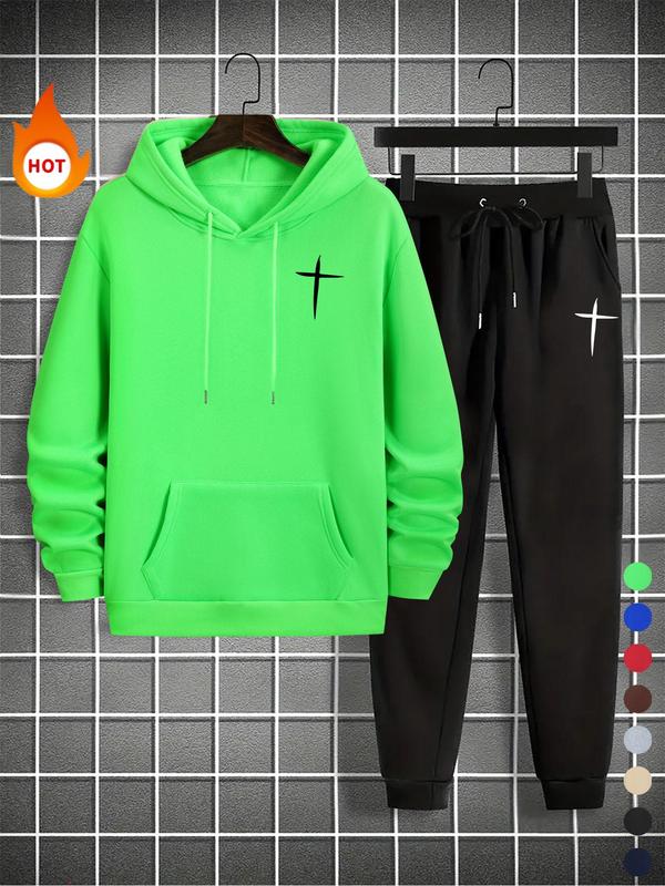 Men's Cross Print Sweatshirt & Drawstring Waist Sweatpants Set, Casual Long Sleeve Hoodie & Pocket Jogger Pants, Men's Fall & Winter Clothes