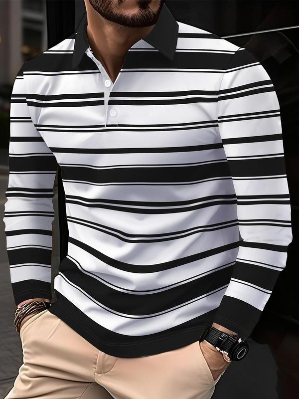 Men's Striped Print Polo Shirt, Regular Fit Casual Long Sleeve Button Front Top for Fall & Winter, Men's Clothes for Daily Wear