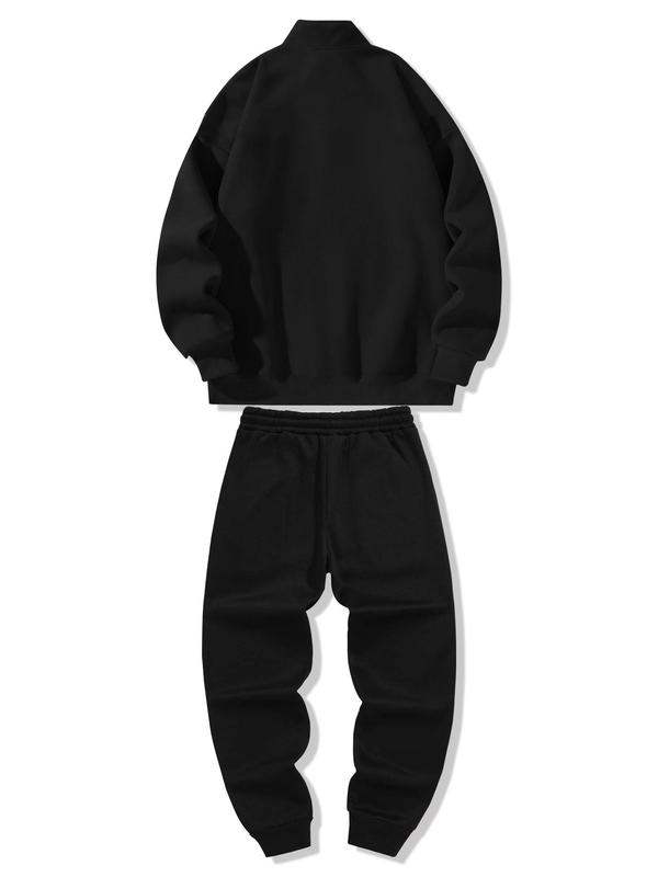 Men's Letter Print Drop Shoulder Zip Up Hoodie & Drawstring Waist Sweatpants Two-piece Set, Regular Fit Casual Fashion Cozy Breathable Two Piece Outfits for Daily Workout Running, Men's Clothes for Fall & Winter