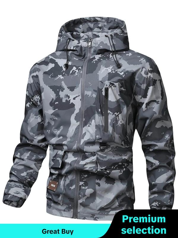 Men's Camo Print Zip Up Drawstring Hooded Jacket, Men's Tactical Jacket Clothing, Airport Outfits 2024, Regular Fit Casual Waterproof Long Sleeve Pocket Outerwear, Men's Fall & Winter Clothes