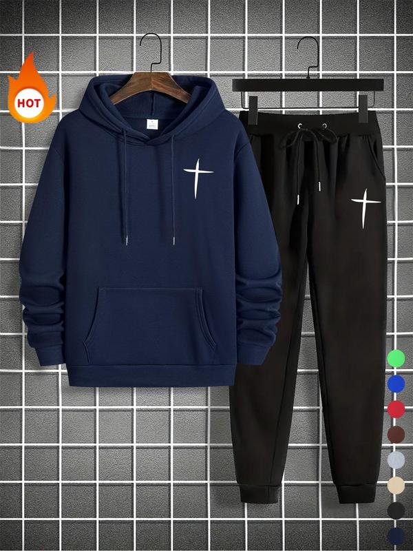 Men's Cross Print Sweatshirt & Drawstring Waist Sweatpants Set, Casual Long Sleeve Hoodie & Pocket Jogger Pants, Men's Fall & Winter Clothes