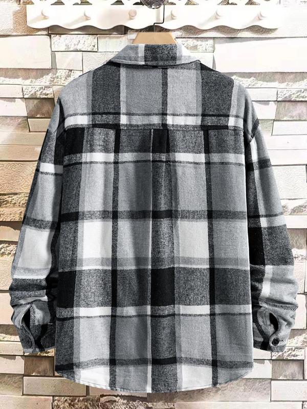 Men's Plaid Print Button Front Flap Detail Plicated Shirt Jacket, Loose Casual Drop Shoulder Long Sleeve Collared Outerwear for Daily Wear, Men's Clothes for All Seasons, Fall Outfits, Fallfreshness Clothes