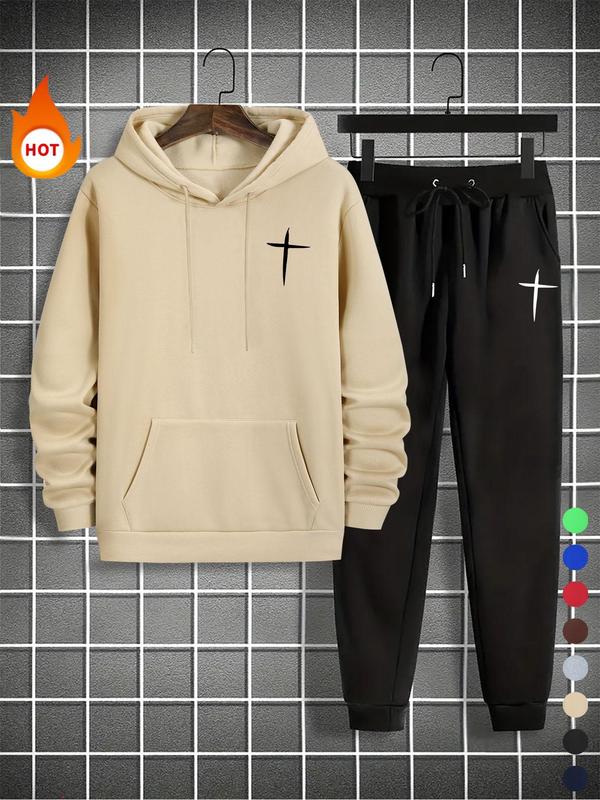 Men's Cross Print Sweatshirt & Drawstring Waist Sweatpants Set, Casual Long Sleeve Hoodie & Pocket Jogger Pants, Men's Fall & Winter Clothes