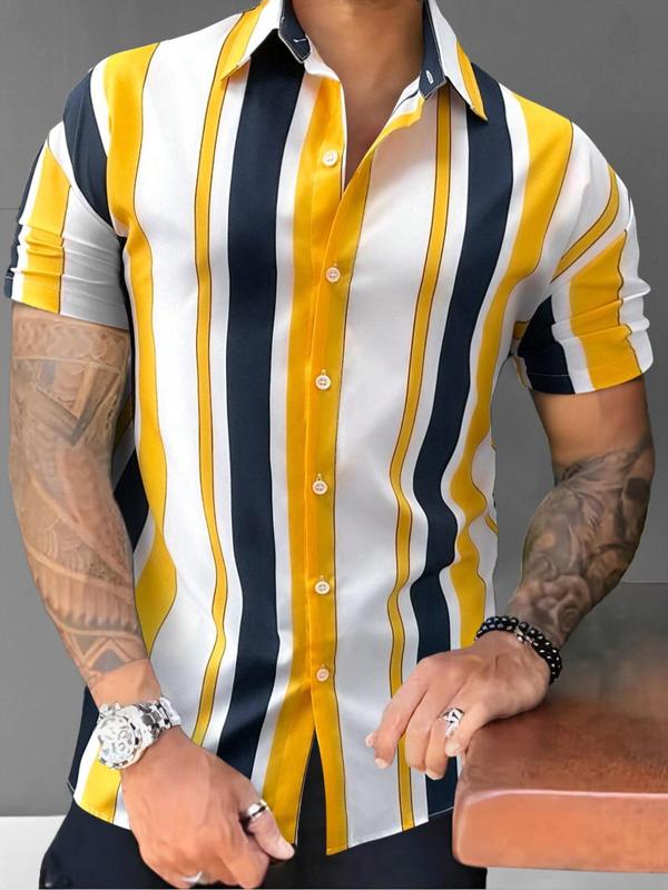 Men's Striped Print Button Front Shirt, Regular Fit Casual Short Sleeve Collared Top for Summer, Men's Clothes for Beach Vacation