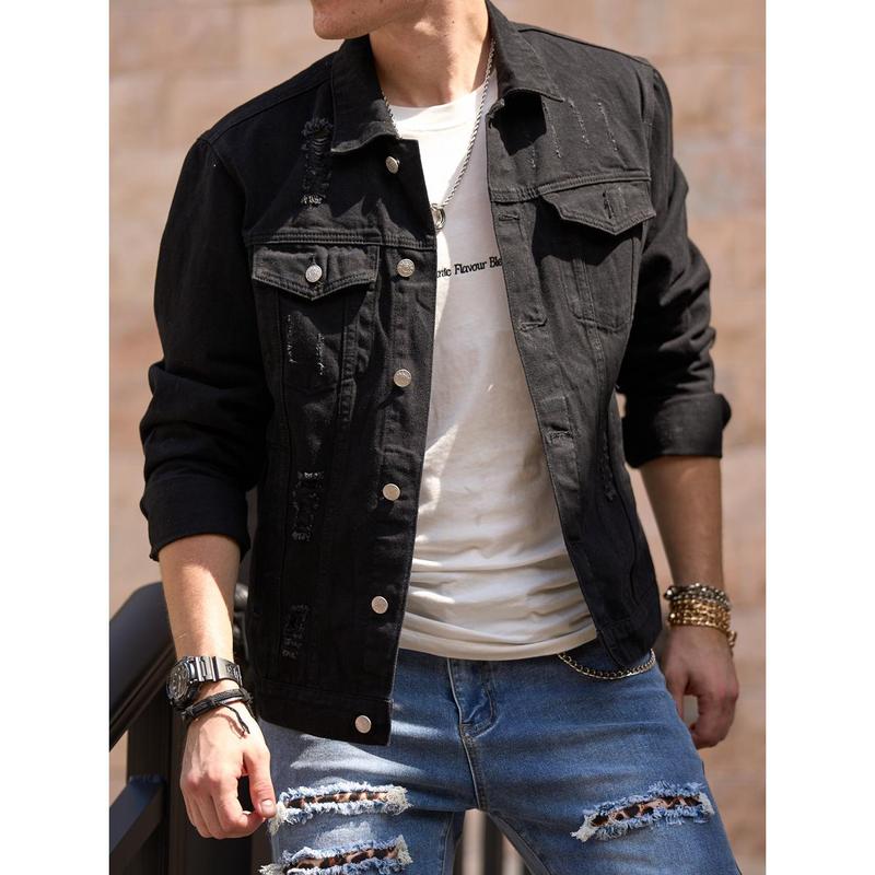 Men's Denim Jacket Streetwear Solid Slim Ripped Distressed  Male Casual Coat Menswear Tops  Long Sleeve Beige Plain  Collared Collar Longsleeves