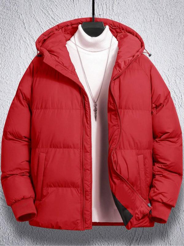 Men's Plain Pocket Zip Up Thick Warm Hooded Puffer Coat, Regular Fit Long Sleeve Padded Winter Coat, Winter Jacket, Streetwear Menswear, Coats for School, Cold Weather Gear, Coats for Men, Men Designer Clothes, College Outfits