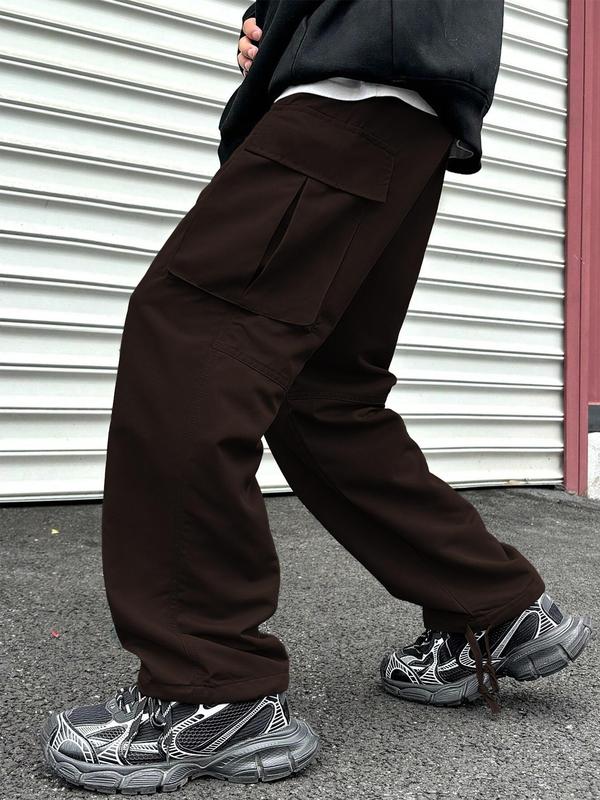 Men's Solid Flap Pocket Cargo Pants, Street Fashion Casual Loose Straight Leg Trousers for Daily Wear, Men's Bottoms for All Seasons