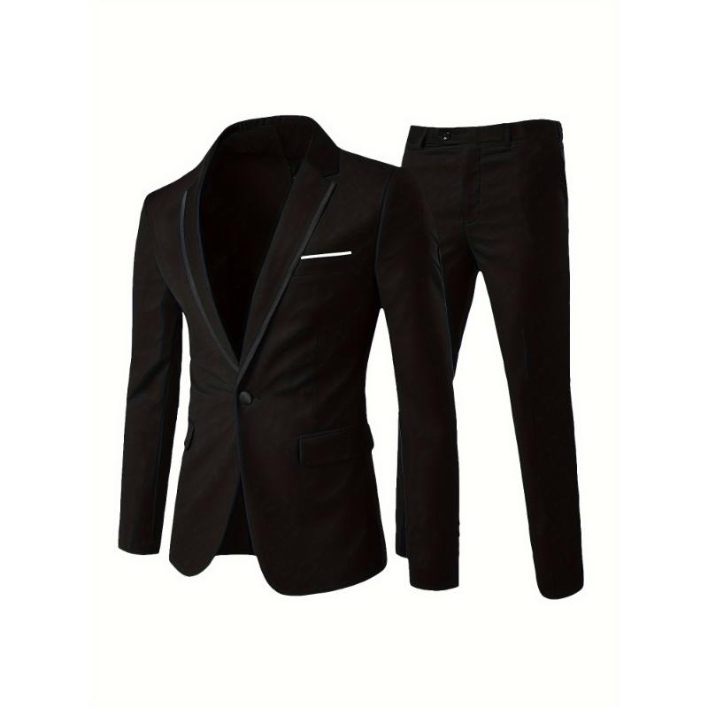 2-Piece Men's Formal Dress Outfit Set - Classic One Button Notch Collar Jacket With Functional Pockets & Slim Fit Pants - Perfect For Wedding Banquet, Black Tie Events, And Formal Occasions