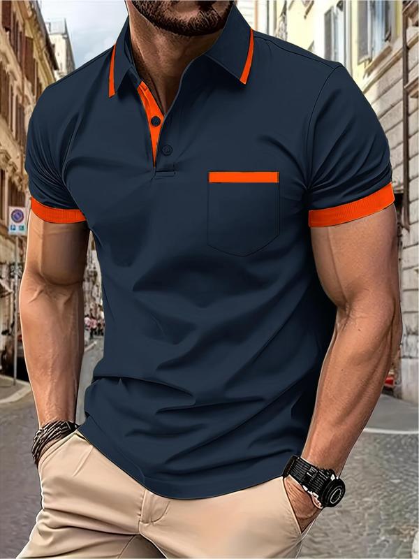 Men's Colorblock Short Sleeve Polo Shirt, Regular Fit Casual Buttons Collared Top for Summer, Fashion Men's Clothes for Daily Wear