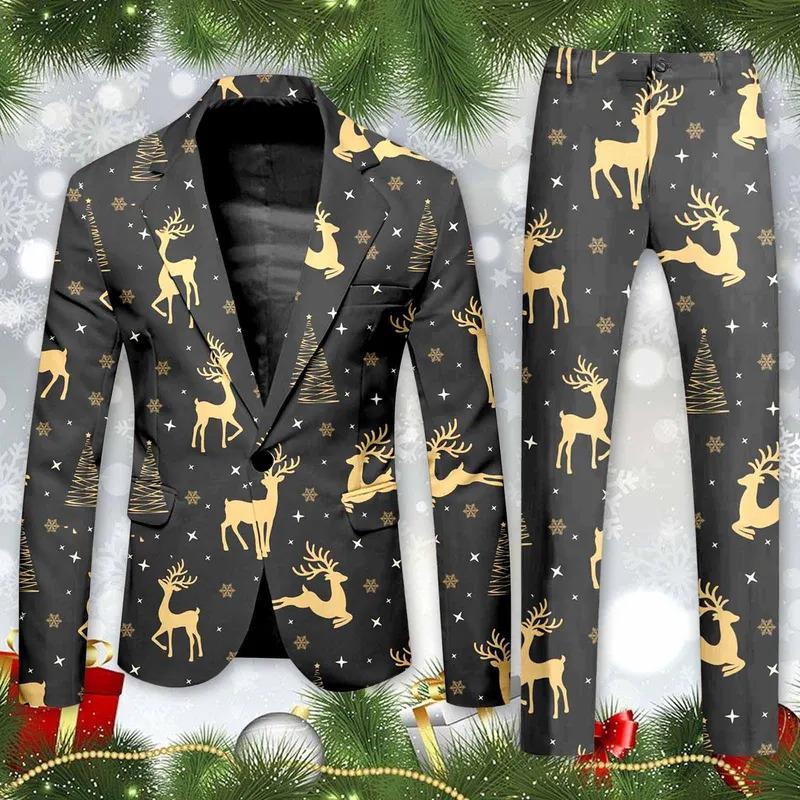 Blazer Men's Christmas 2 Piece Suit Set Snowflake Print Suit Jacket And Pants Set Slim Fit Xmas Party Wear Formal Suit For Men