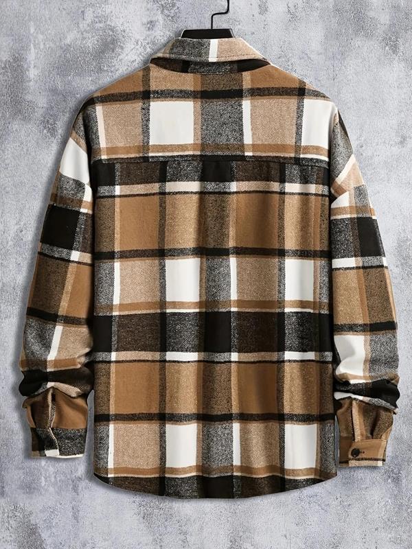 Men's Plaid Print Button Front Flap Detail Plicated Shirt Jacket, Loose Casual Drop Shoulder Long Sleeve Collared Outerwear for Daily Wear, Men's Clothes for All Seasons, Fall Outfits, Fallfreshness Clothes