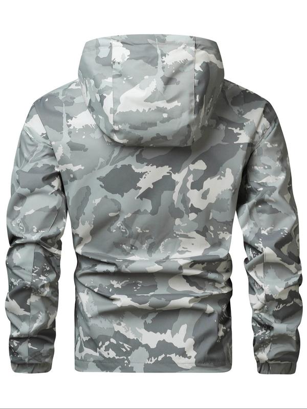 Men's Camo Print Zip Up Drawstring Hooded Jacket, Men's Tactical Jacket Clothing, Airport Outfits 2024, Regular Fit Casual Waterproof Long Sleeve Pocket Outerwear, Men's Fall & Winter Clothes