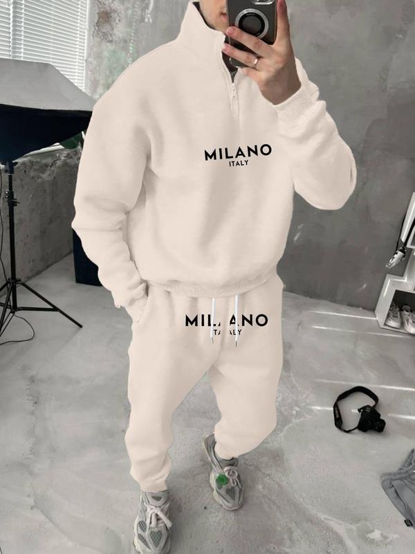 Men's Letter Print Drop Shoulder Zip Up Hoodie & Drawstring Waist Sweatpants Two-piece Set, Regular Fit Casual Fashion Cozy Breathable Two Piece Outfits for Daily Workout Running, Men's Clothes for Fall & Winter