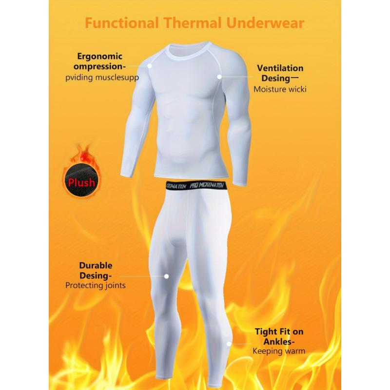 2 Pieces High-Performance Men's Thermal Underwear Set - Premium Long Sleeve Plush Sports Compression Base Layer Top & Bottom for Running, Yoga, Training, Hiking & Outdoor Sports - Breathable, Ultra-Stretchy, Moisture-Wicking