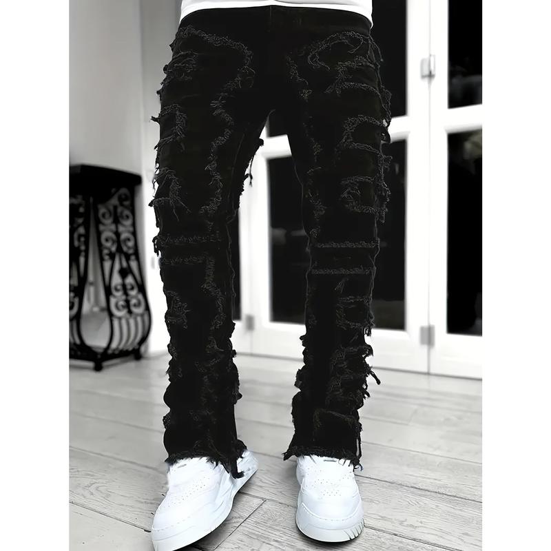 Y2g Hip Hop Style Raw Hem Jeans, Men's Casual Street Style Stretch Jeans