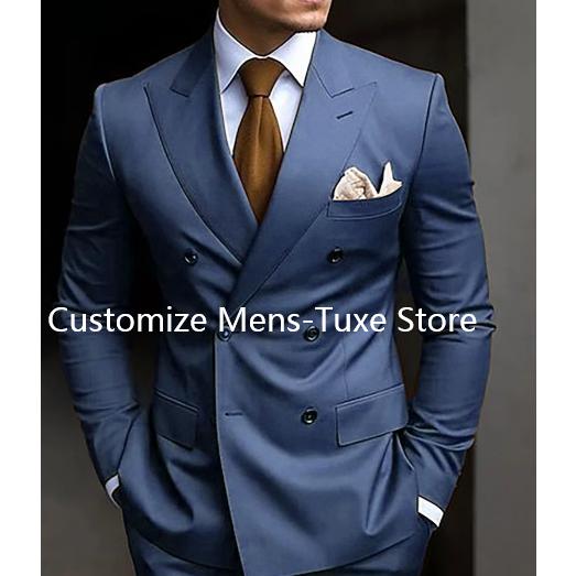 High Quality Brown Men's Suits Double Breasted Bespoke Double Breasted Peaked Lapel Formal Blazer Slim Fit 2 Piece Jacket Pants