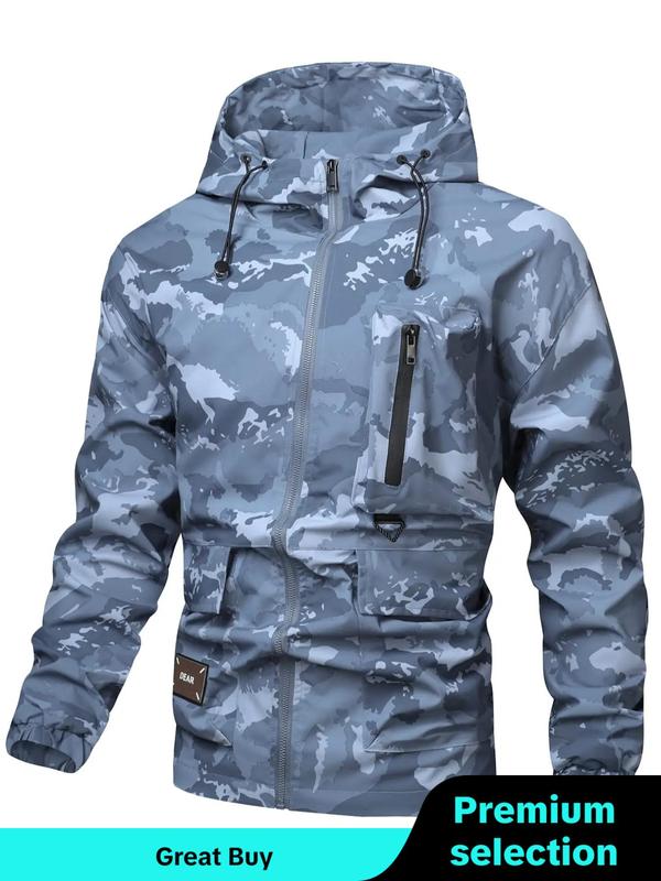 Men's Camo Print Zip Up Drawstring Hooded Jacket, Men's Tactical Jacket Clothing, Airport Outfits 2024, Regular Fit Casual Waterproof Long Sleeve Pocket Outerwear, Men's Fall & Winter Clothes