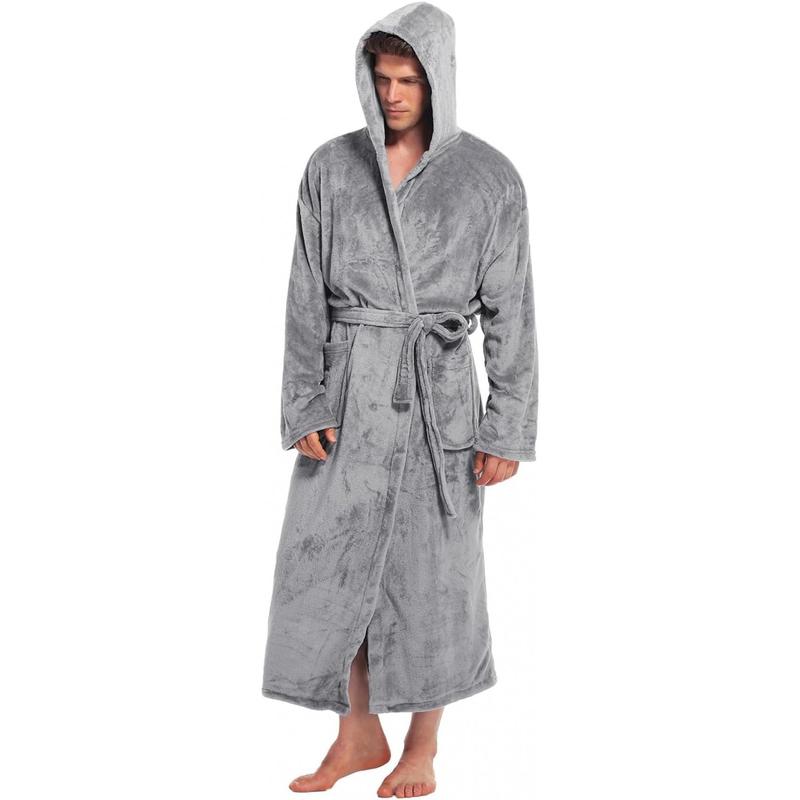 Mens Plush Fleece Robes Hooded Bathrobe Long Fluffy Bathrobes Warm Homewear Winter Spa Robe Soft Nightwear Menswear Loungewear Pajamas Paradise Long Sleeve Beige Plain