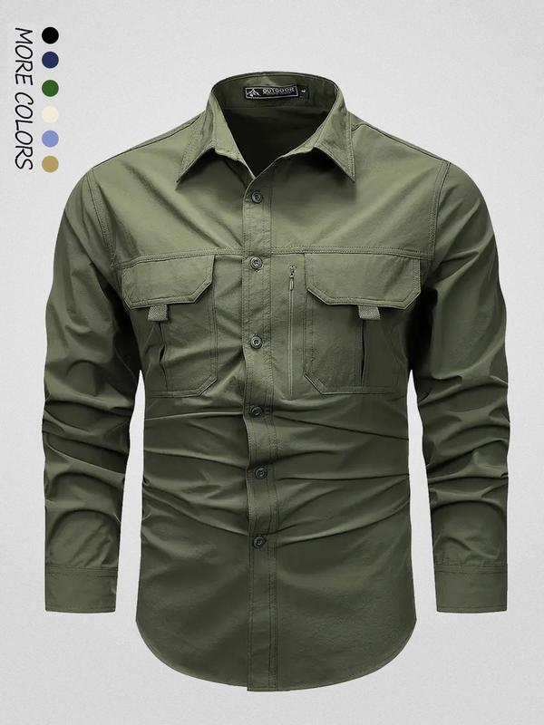 Men's Solid Pocket Button Front Shirt, Regular Fit Casual Long Sleeve Collared Top for Fall & Winter, Men's Clothes for Outdoor Work,  Designer Shirt for Men