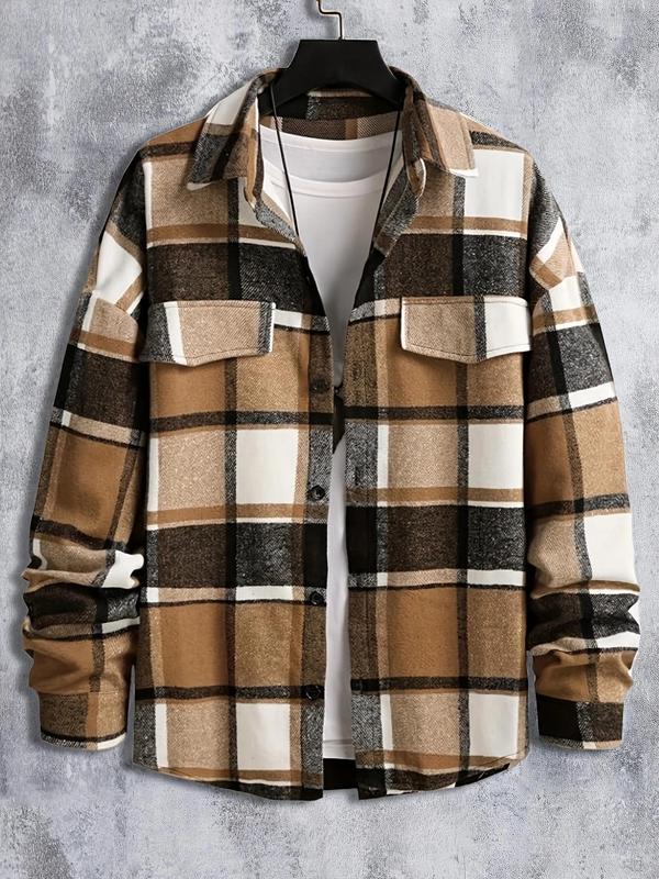 Men's Plaid Print Button Front Flap Detail Plicated Shirt Jacket, Loose Casual Drop Shoulder Long Sleeve Collared Outerwear for Daily Wear, Men's Clothes for All Seasons, Fall Outfits, Fallfreshness Clothes