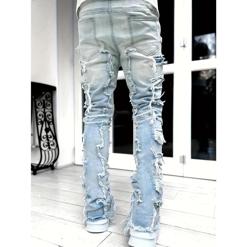 Y2g Hip Hop Style Raw Hem Jeans, Men's Casual Street Style Stretch Jeans