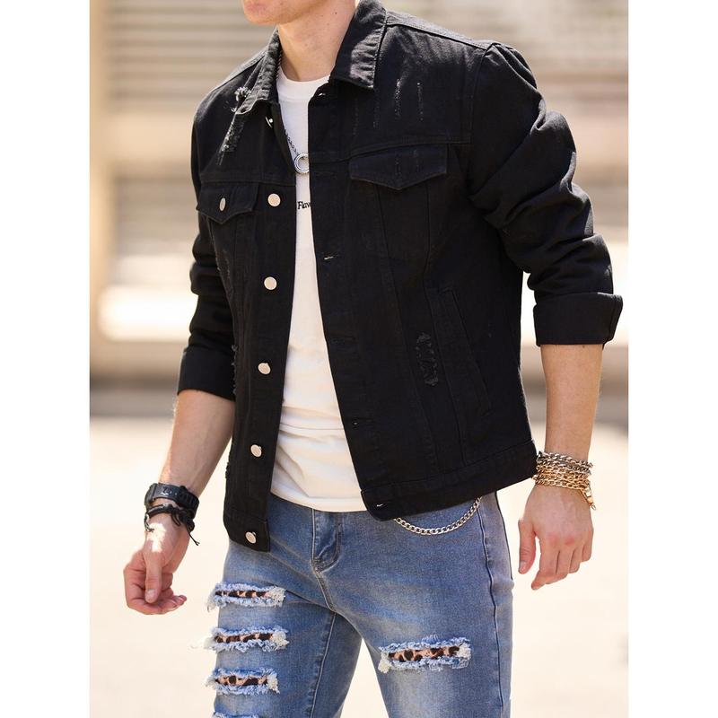 Men's Denim Jacket Streetwear Solid Slim Ripped Distressed  Male Casual Coat Menswear Tops  Long Sleeve Beige Plain  Collared Collar Longsleeves