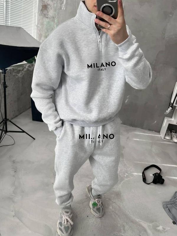 Men's Letter Print Drop Shoulder Zip Up Hoodie & Drawstring Waist Sweatpants Two-piece Set, Regular Fit Casual Fashion Cozy Breathable Two Piece Outfits for Daily Workout Running, Men's Clothes for Fall & Winter