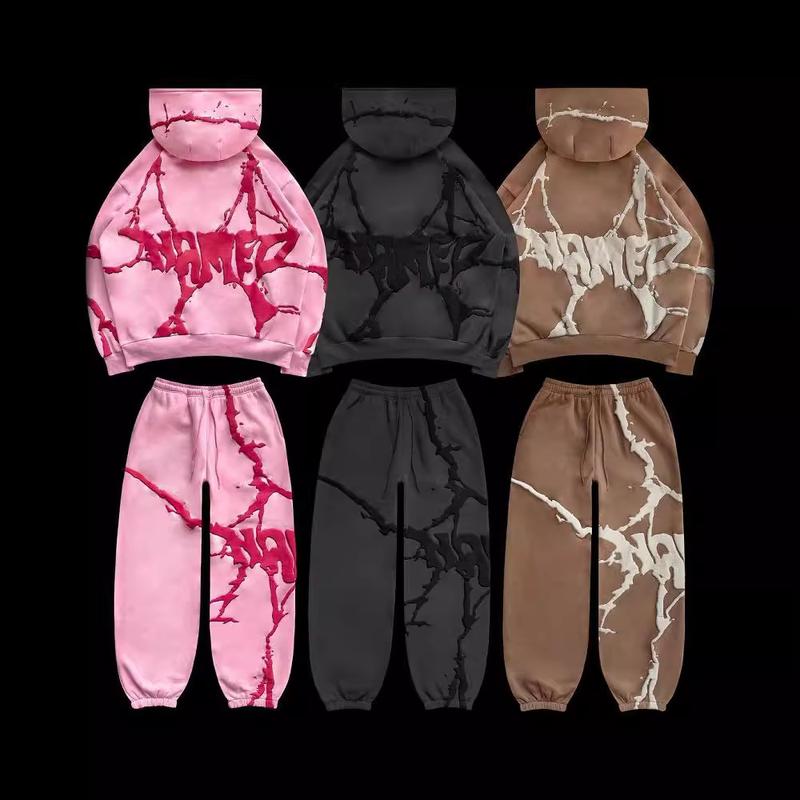 Fleece-lined Puff Print Three-Color Hooded Sweater Autumn and Winter plus Size Loose Personality Suit