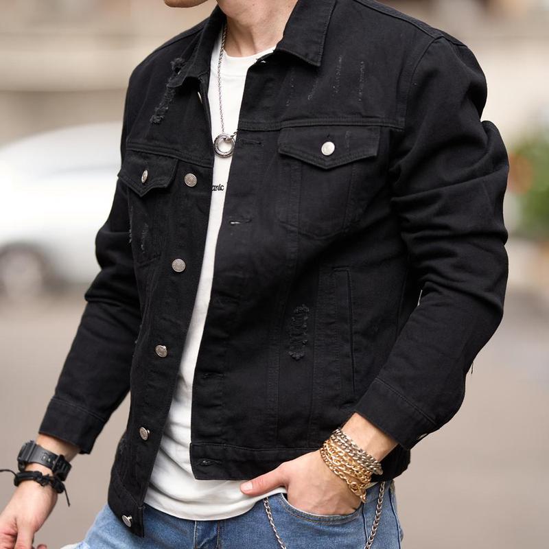 Men's Denim Jacket Streetwear Solid Slim Ripped Distressed  Male Casual Coat Menswear Tops  Long Sleeve Beige Plain  Collared Collar Longsleeves