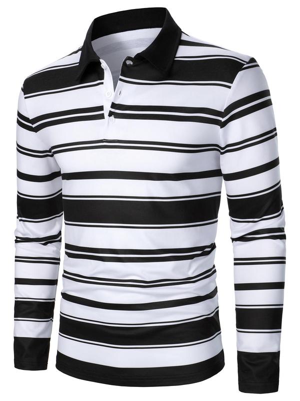 Men's Striped Print Polo Shirt, Regular Fit Casual Long Sleeve Button Front Top for Fall & Winter, Men's Clothes for Daily Wear